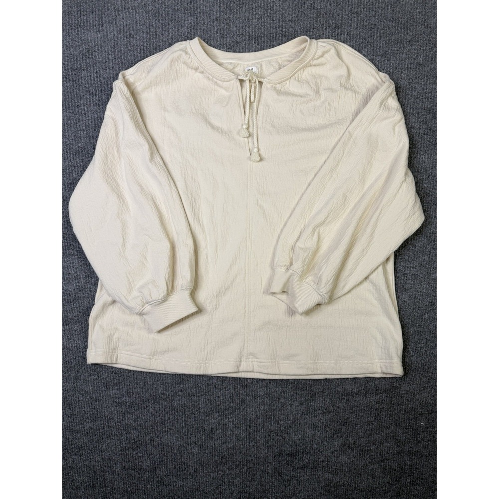 Aerie Women's XL Textured Long Sleeve Top Cream Peasant Style Tie Neck